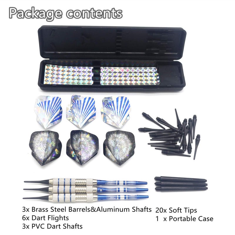 ROOBEEO Soft Tip Darts Set for Electronic Dart Board 18/22g Plastic Tip Darts Set with Brass Barrels&Aluminum Shafts, 6 Flights 3 Spare Plastic Dart Shaft 20 Soft Tips Portable Case (18g-Silver&Blue) - Image 5